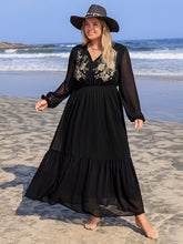 Plus Size Embroidered Tie Neck Long Sleeve Dress Black OutfitFlow
